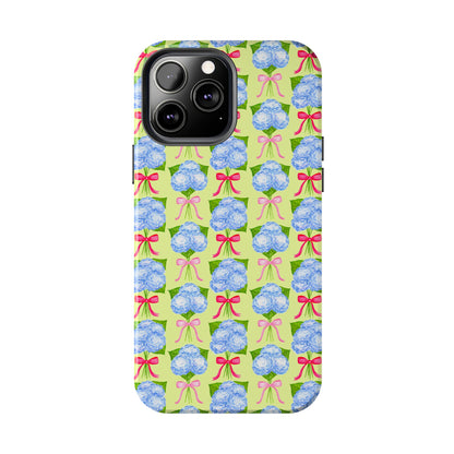 Watercolor Blue Hydrangea Bouquets with Hot Pink and Light Pink Bow Ribbons Illustrated Pattern Yellow Tough Phone Case | Various Models