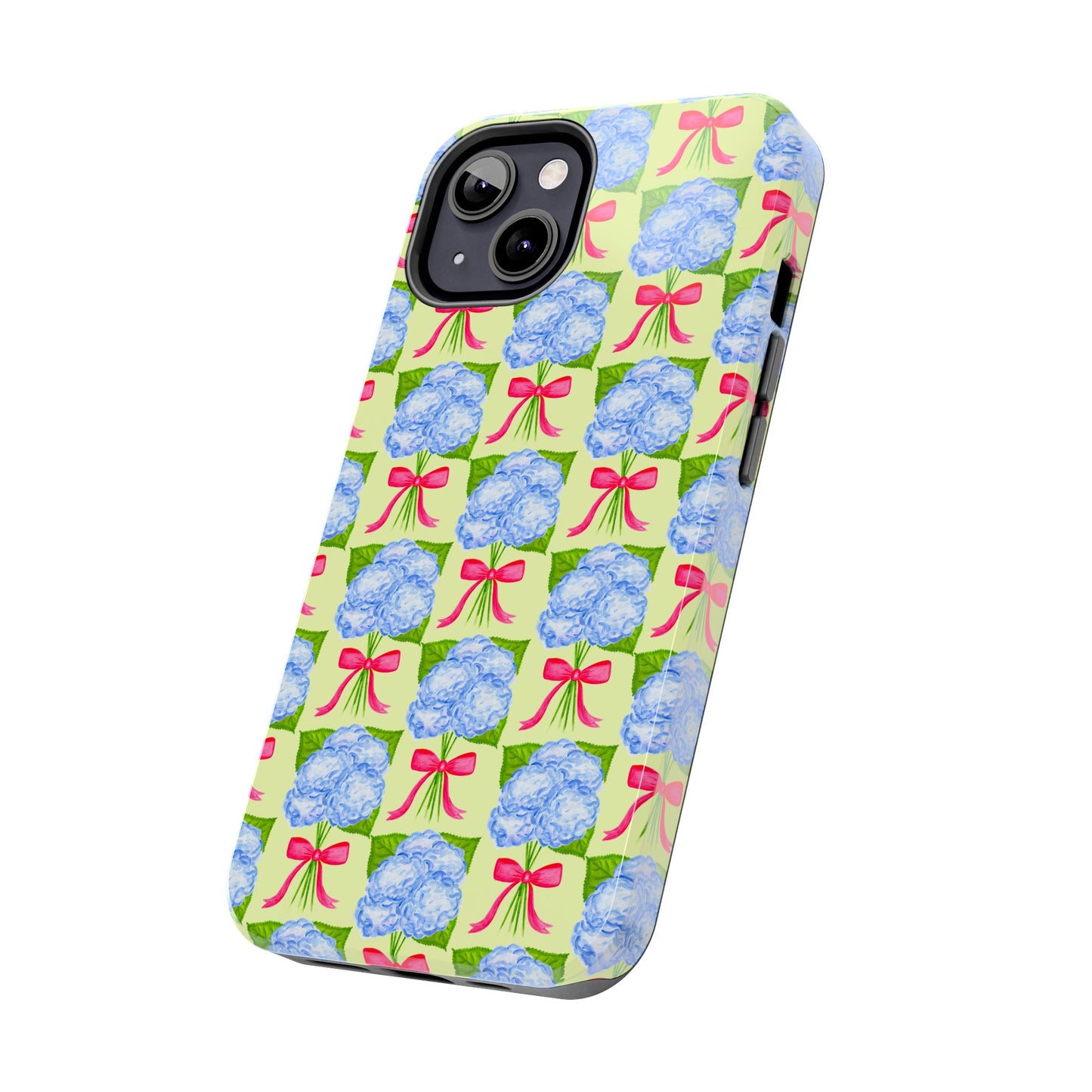 Blue Watercolor Hydrangea Bouquets with Hot Pink Bows Illustrated Patterned Yellow Preppy Grand Millenial Tough Phone Case | Various Models