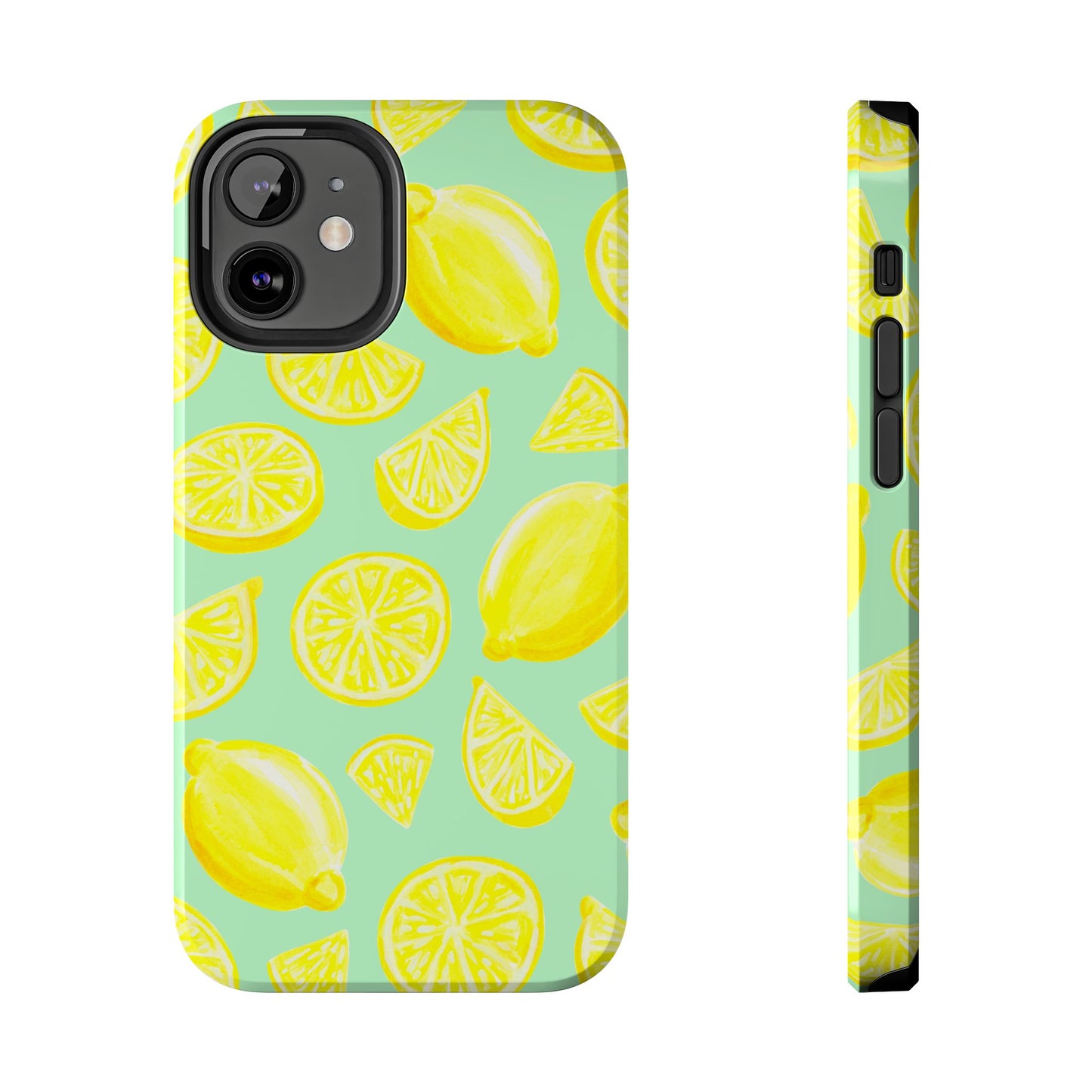 Bright Yellow Lemons Watercolor Illustrated Tossed Pattern Mint Green Tough Phone Case | Various Models