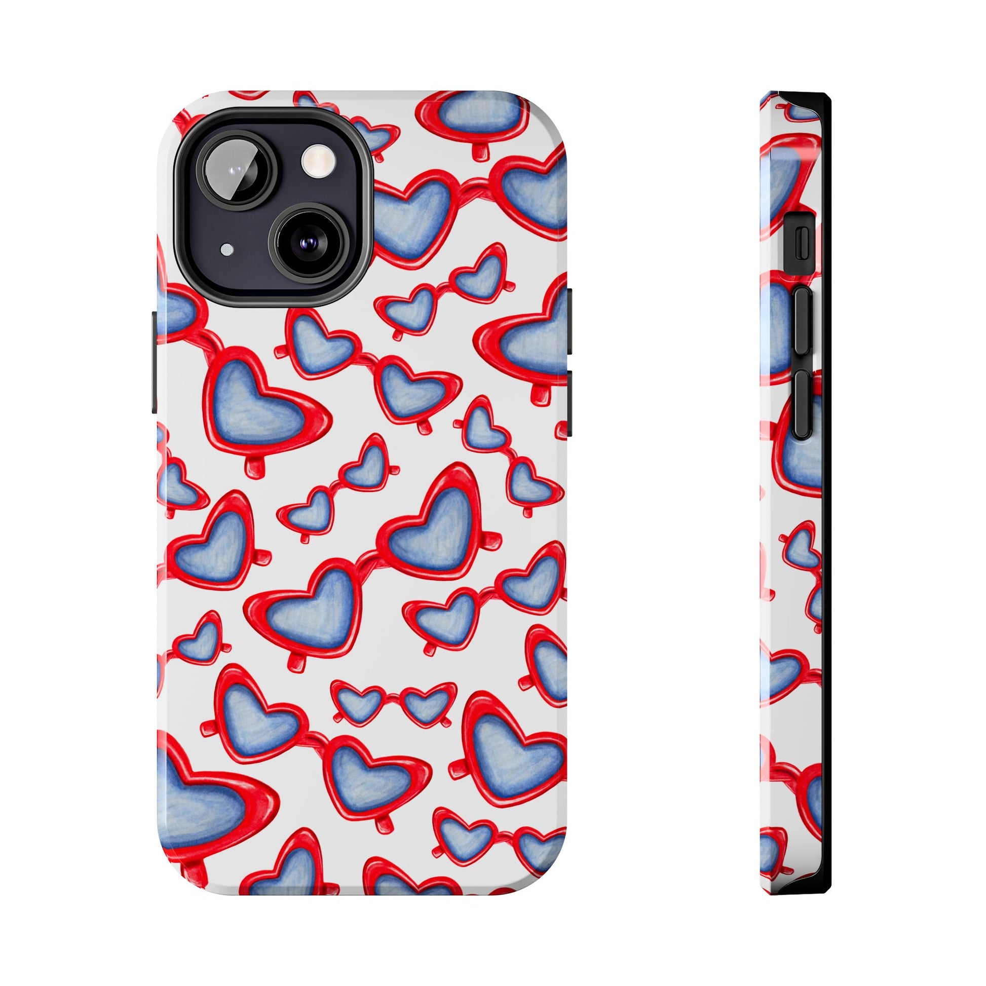 Red, White, & Blue Heart Shaped Watercolor Sunglasses Tossed Pattern Tough Phone Cases iPhone 13 Mini