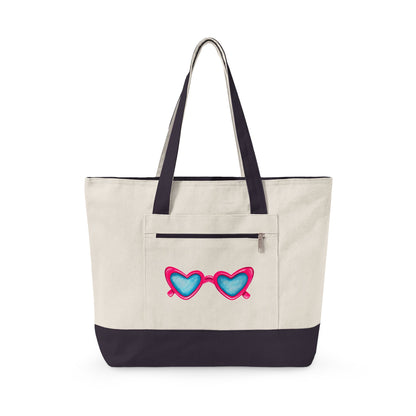 Hot Pink Heart Shaped Sunglasses Printed Zippered Canvas Tote 18" x 14" | Various Colors 18" x 14" x 4.5" Natural Navy
