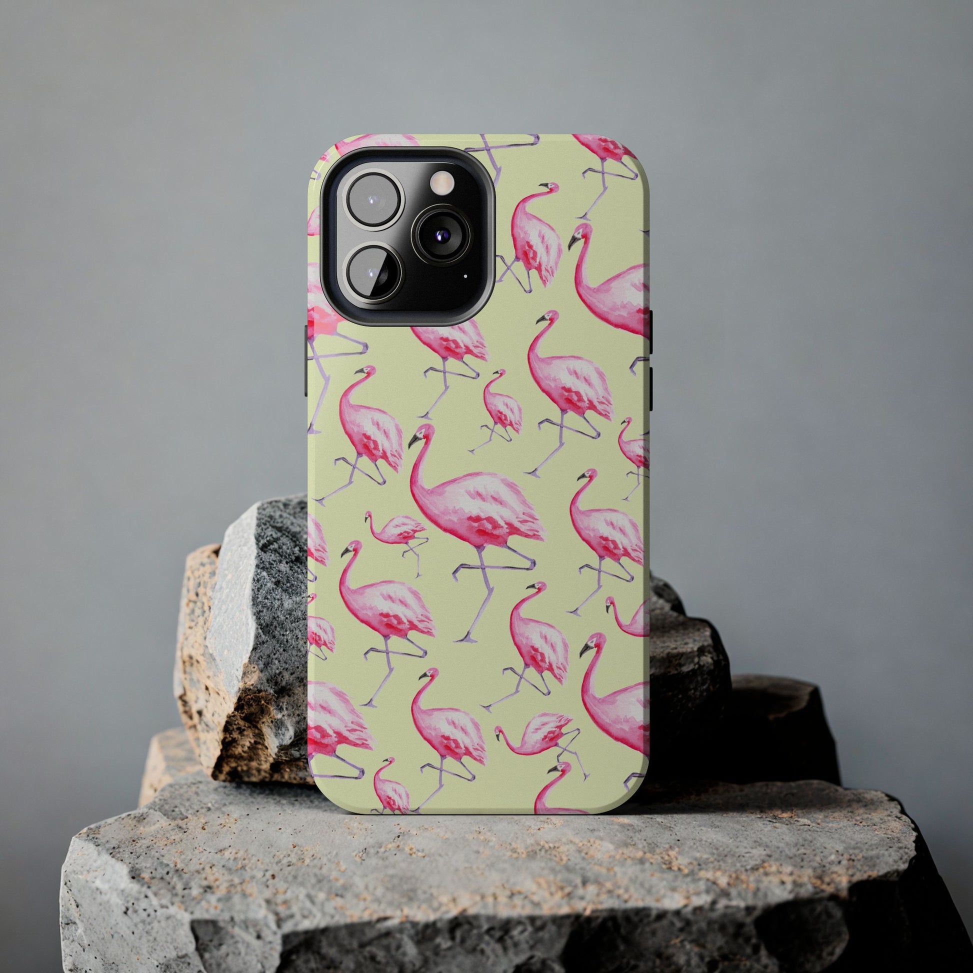 Pink Flamingos Watercolor Illustrated Tossed Pattern Yellow Phone Case | Various Models