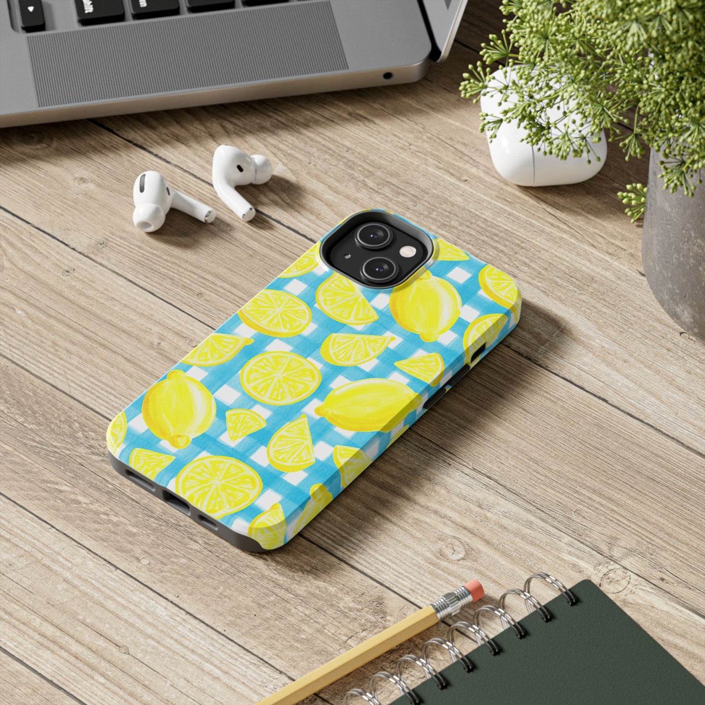 Bright Yellow Lemons Watercolor Illustrated Tossed Pattern Turquoise Gingham Tough Phone Case | Various Models
