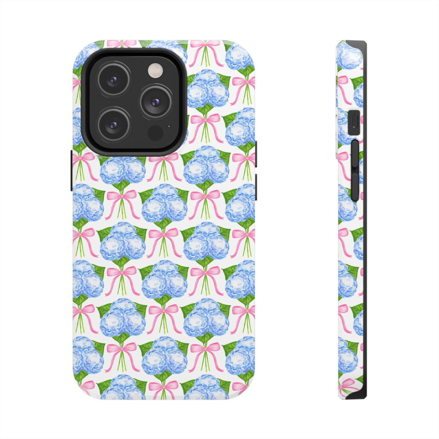 Blue Watercolor Hydrangea Bouqets with Light Pink Bows Watercolor Illustrated Patterned Tough Phone Case | Various Models