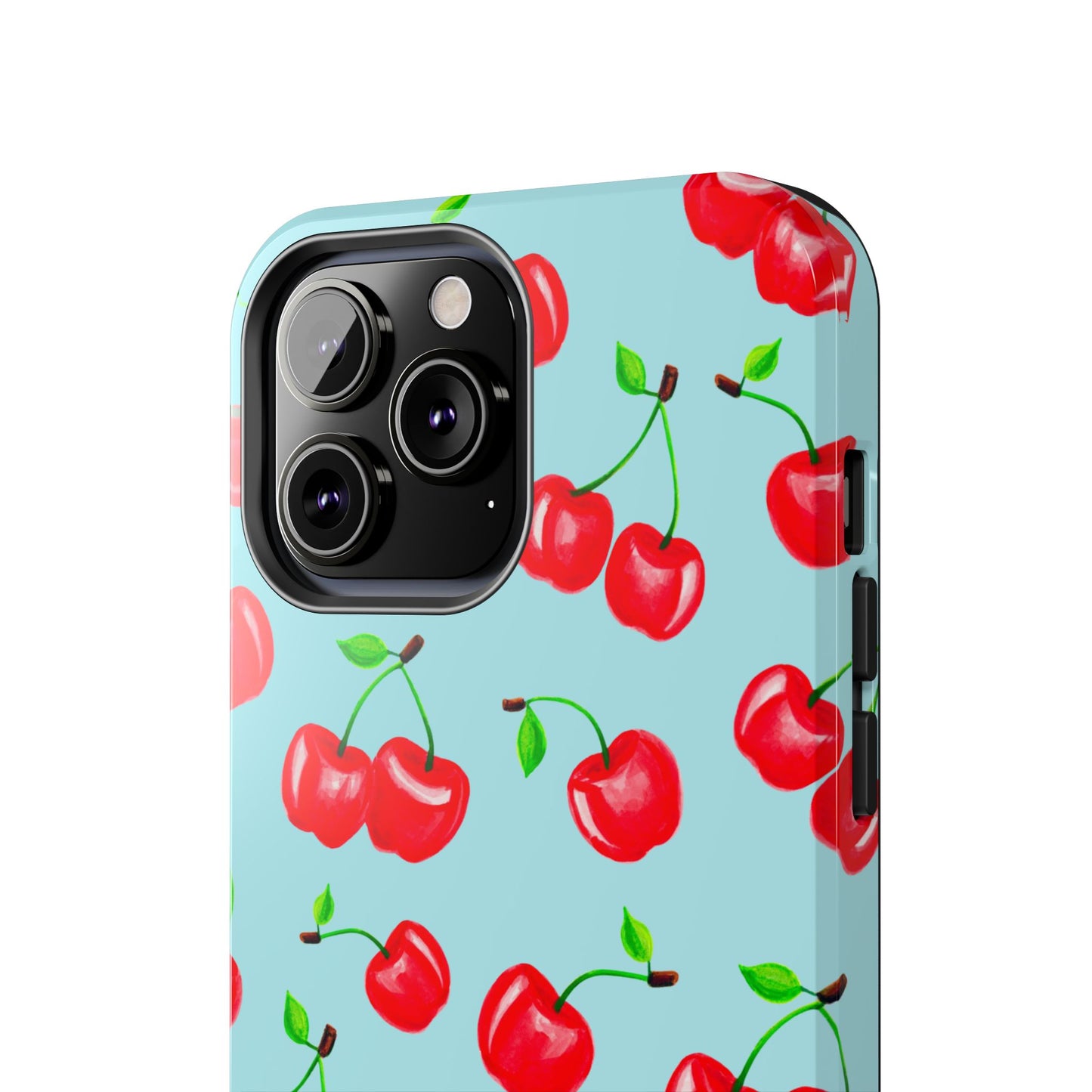 Tossed Red Watercolor Cherries Illustrated Pattern Bright Blue Tough Phone Case | Various Models