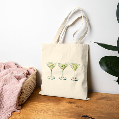 Canvas Book Tote | Trio Blue & Green Martini Watercolor Farmers Market Tote | Cocktail Bachelorette Gift Hostess