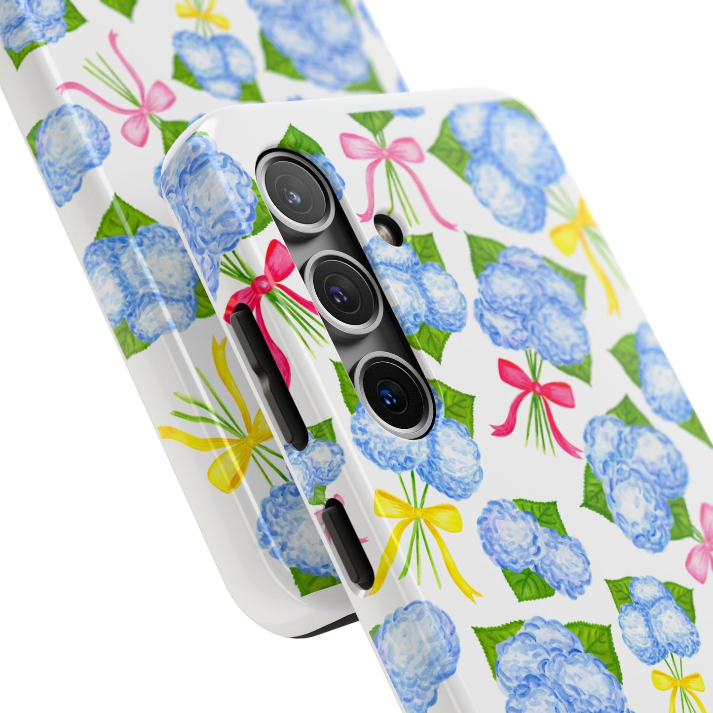 Blue Watercolor Hydrangea Bunches with Hot Pink, Yellow, Light Pink Bows Illustrated Patterned Tough Phone Case | Various Models