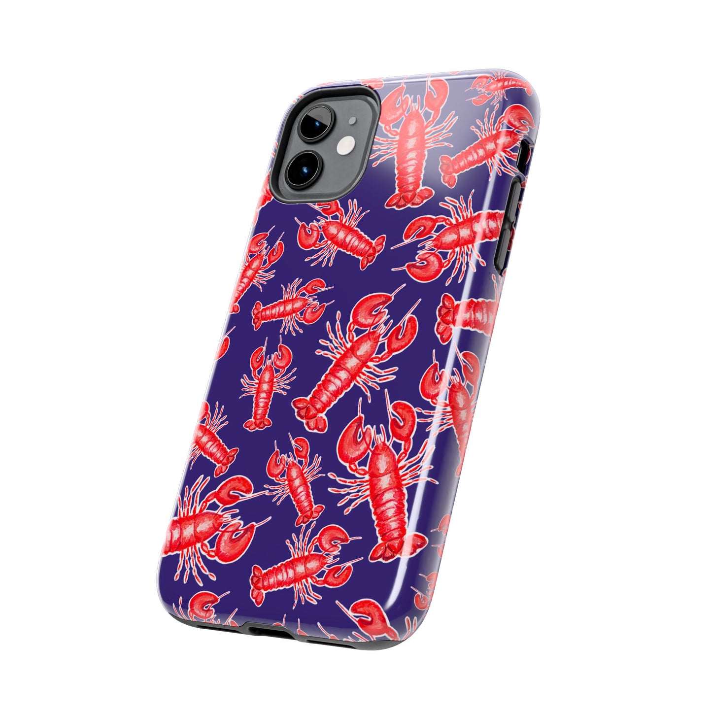 Red Lobster Watercolor Illustrated Tossed Pattern Navy Coastal Nautical Tough Phone Case | Various Models