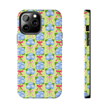Watercolor Blue Hydrangea Bouquets with Hot Pink and Light Pink Bow Ribbons Illustrated Pattern Yellow Tough Phone Case | Various Models