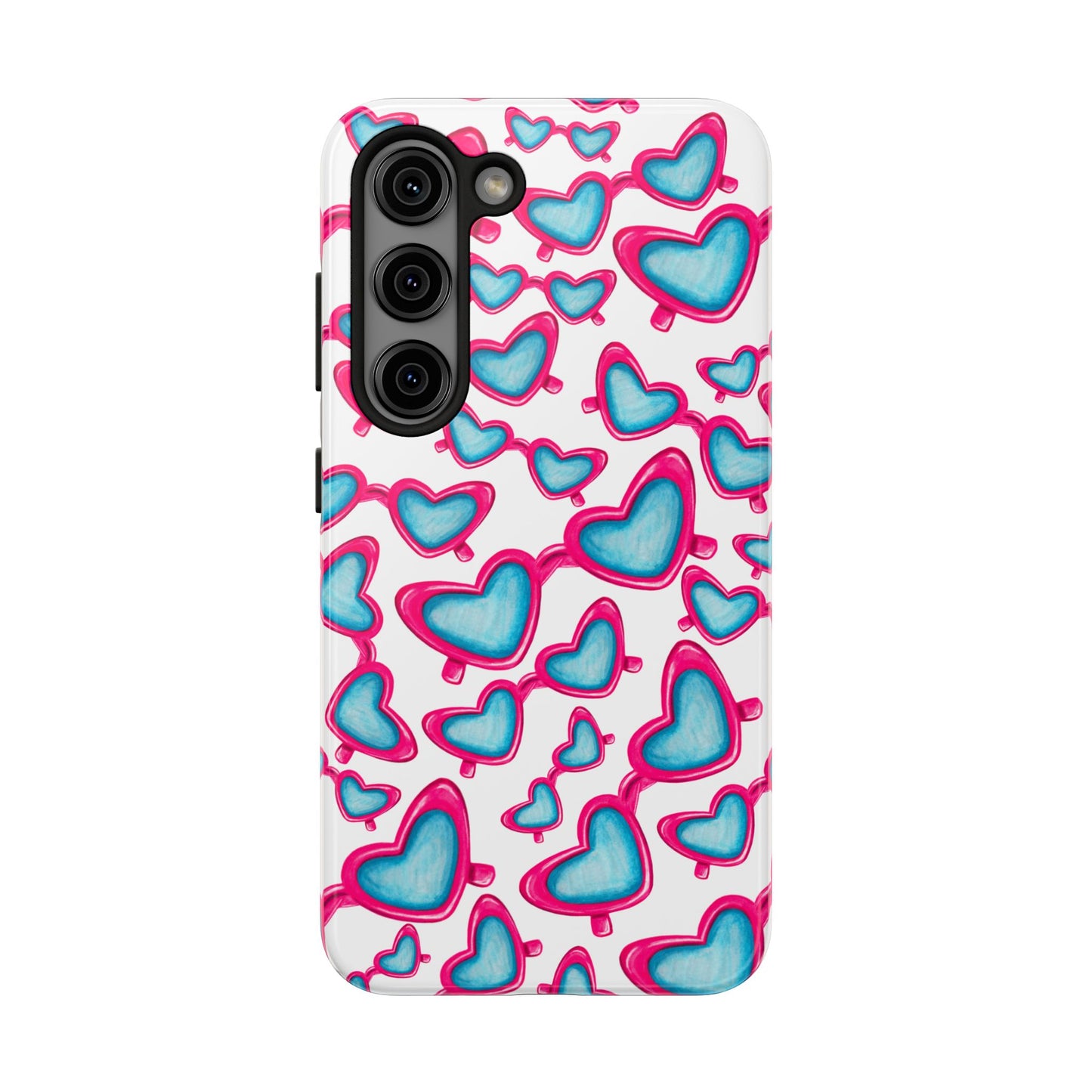 Pink & Blue Heart Shaped Sunglasses Watercolor Illustrated Tossed Pattern Tough Case | Various Models Samsung Galaxy S23