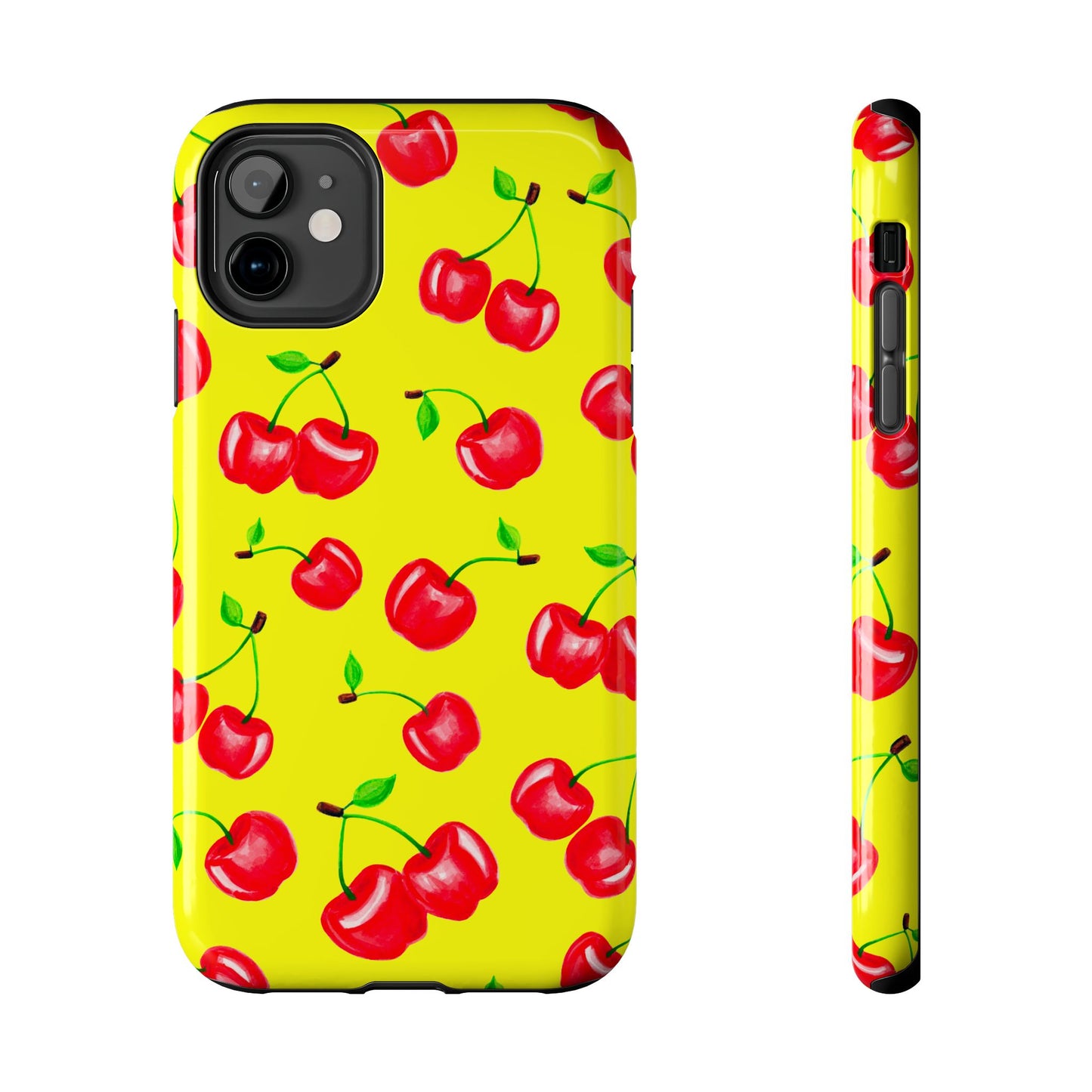 Tossed Red Watercolor Cherries Illustrated Pattern Bright Yellow Tough Phone Case | Various Models