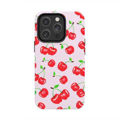 Tossed Red Watercolor Cherries Illustrated Pattern Light Pink Tough Phone Case | Various Models