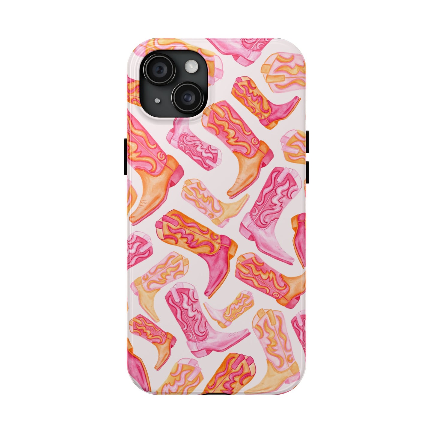 Tossed Hot Pink & Orange Watercolor Cowboy Boots Tough Light Pink Phone Case | Various Models Available iPhone 15 Plus
