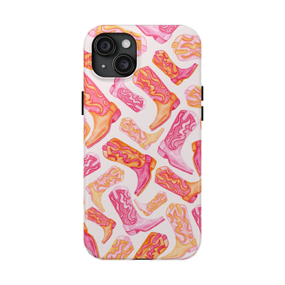 Tossed Hot Pink & Orange Watercolor Cowboy Boots Tough Light Pink Phone Case | Various Models Available iPhone 15 Plus