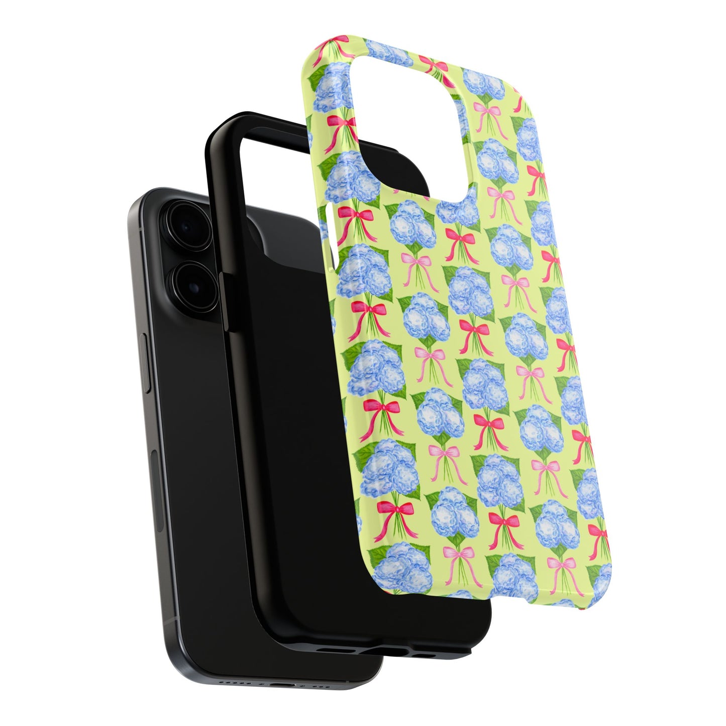 Watercolor Blue Hydrangea Bouquets with Hot Pink and Light Pink Bow Ribbons Illustrated Pattern Yellow Tough Phone Case | Various Models