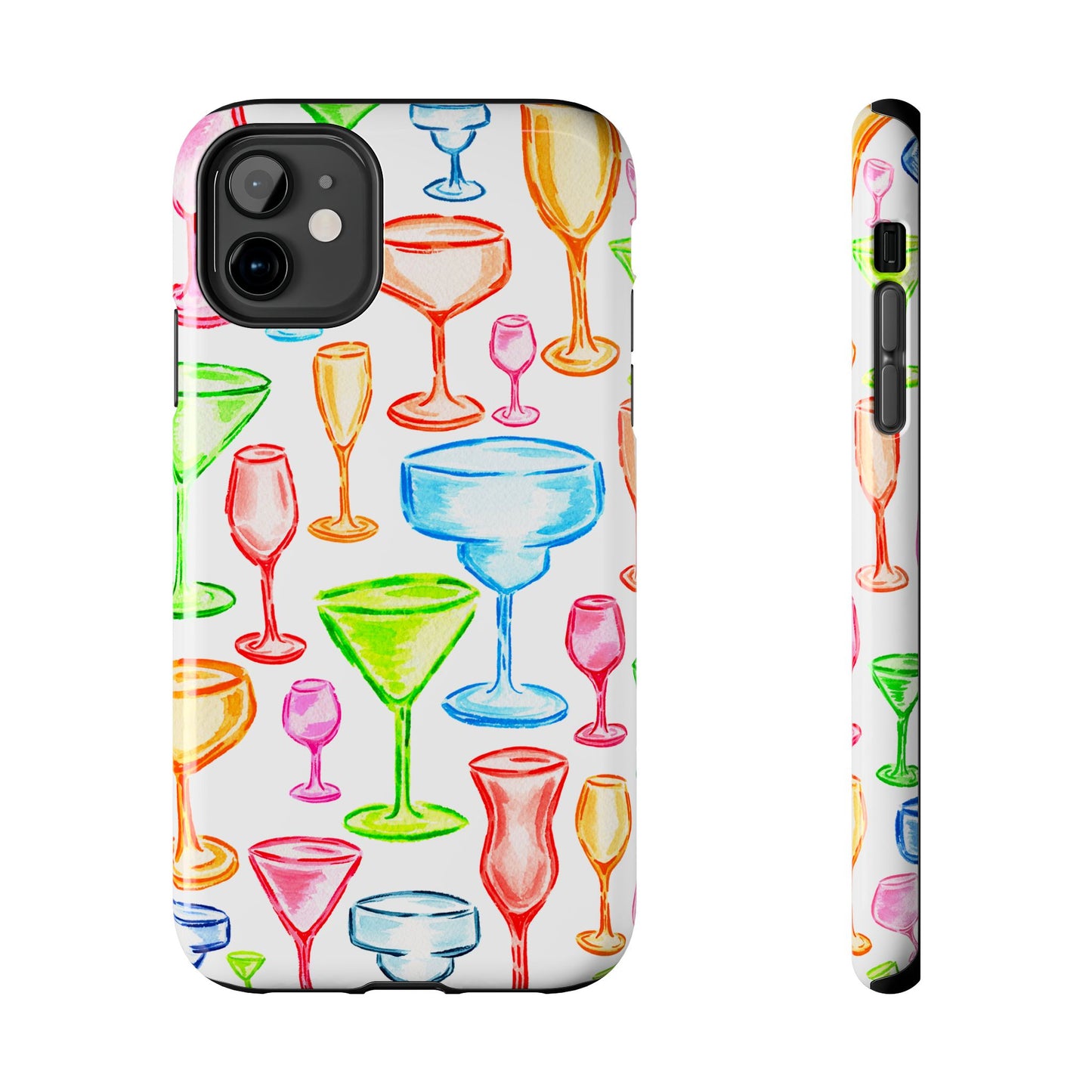 Monochromatic Margarita, Wine, Martini, and Champagne Flute Cocktail Glasses Watercolor Illustrated Tough Phone Case | Various Models Available