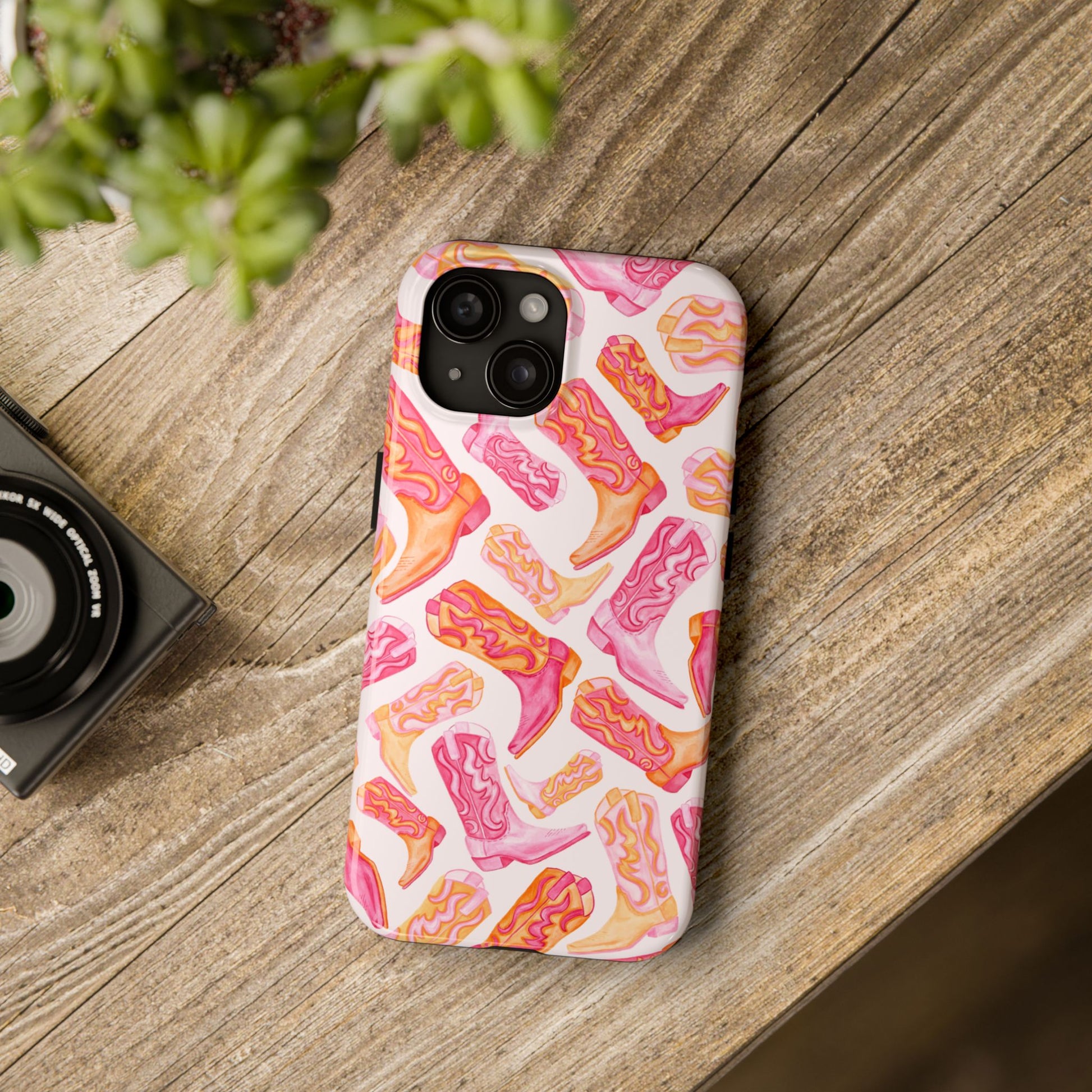 Tossed Hot Pink & Orange Watercolor Cowboy Boots Tough Light Pink Phone Case | Various Models Available