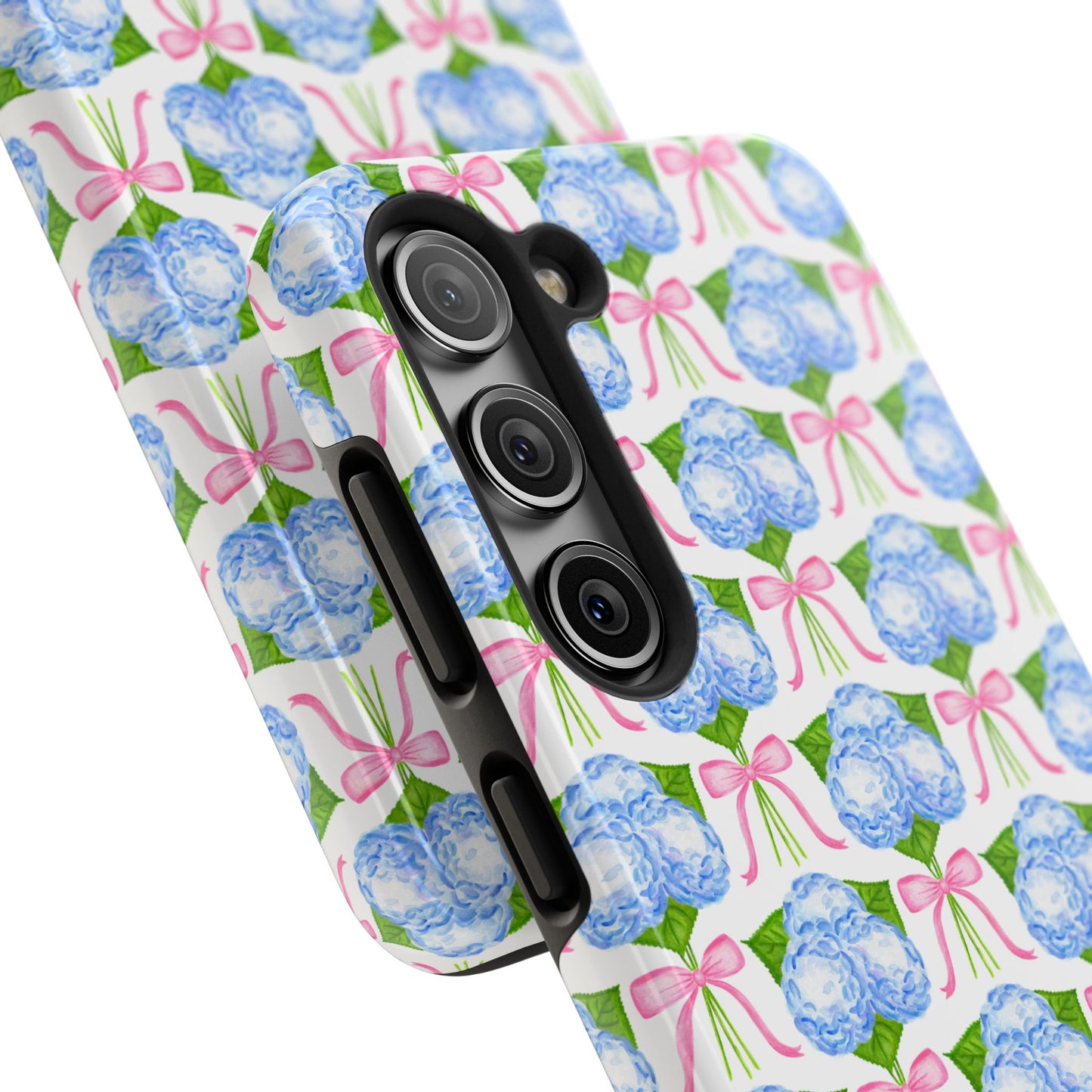 Blue Watercolor Hydrangea Bouqets with Light Pink Bows Watercolor Illustrated Patterned Tough Phone Case | Various Models