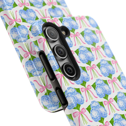 Blue Watercolor Hydrangea Bouqets with Light Pink Bows Watercolor Illustrated Patterned Tough Phone Case | Various Models