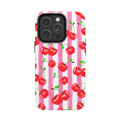 Tossed Red Watercolor Cherries Illustrated Pattern Light Pink Stripes Tough Phone Case | Various Models