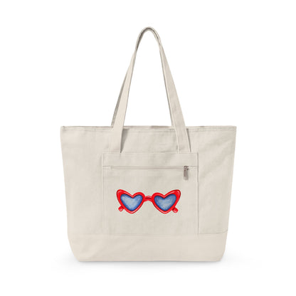 Red Heart Shaped Sunglasses Printed Zippered Canvas Tote 18" x 14" | Various Colors 18" x 14" x 4.5" Natural