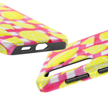Yellow Lemons & Hot Pink Gingham Watercolor Illustrated Tough Phone Case | Various Models Available