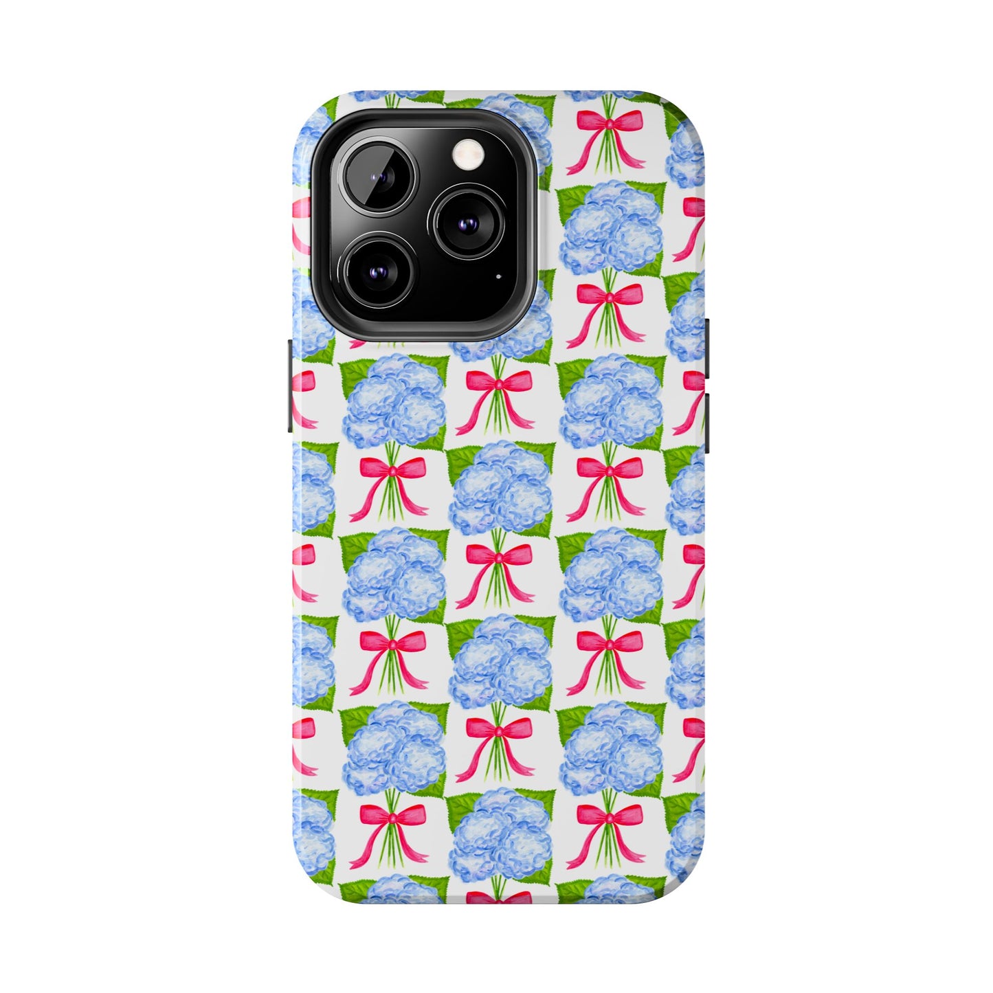 Blue Watercolor Hydrangea Bouquets with Hot Pink Bows Illustrated Patterned Tough Phone Case | Various Models