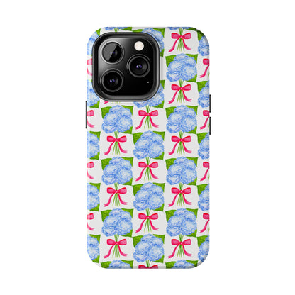 Blue Watercolor Hydrangea Bouquets with Hot Pink Bows Illustrated Patterned Tough Phone Case | Various Models