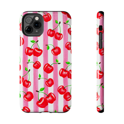 Tossed Red Watercolor Cherries Illustrated Pattern Light Pink Stripes Tough Phone Case | Various Models