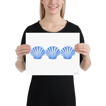 Print | Watercolor Blue Scallop Seashell Trio 11″×14″
