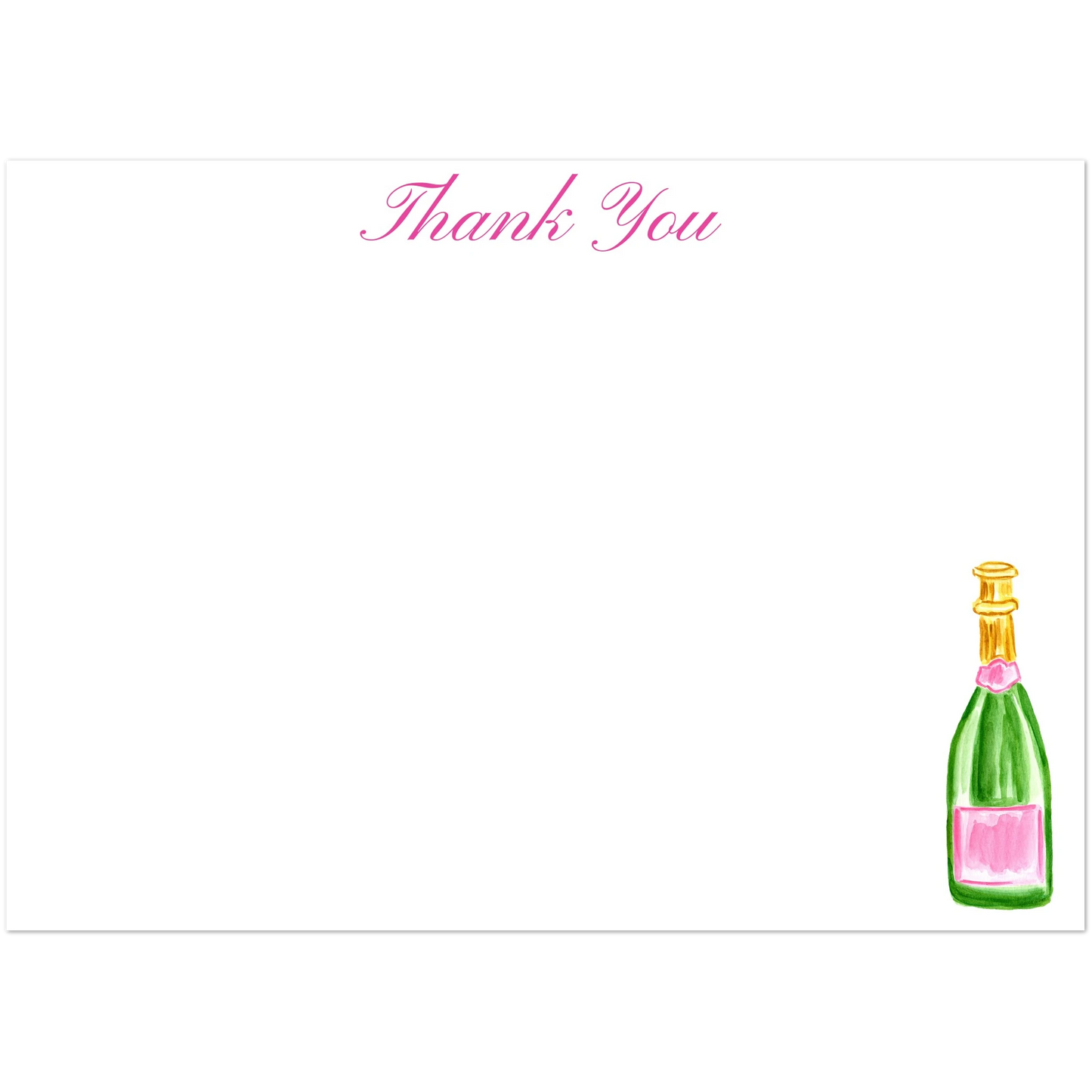 Thank You Card | Pink & Green Champagne Bottle Watercolor Illustration | Flat Notecards & Envelope Set of 10 | 2 Sizes 5R (5 x 7″) Script