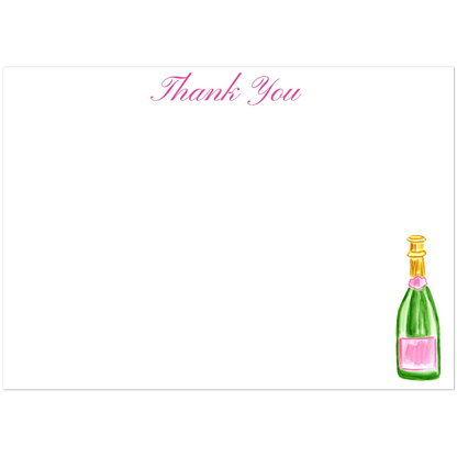 Thank You Card | Pink & Green Champagne Bottle Watercolor Illustration | Flat Notecards & Envelope Set of 10 | 2 Sizes 5R (5 x 7″) Script