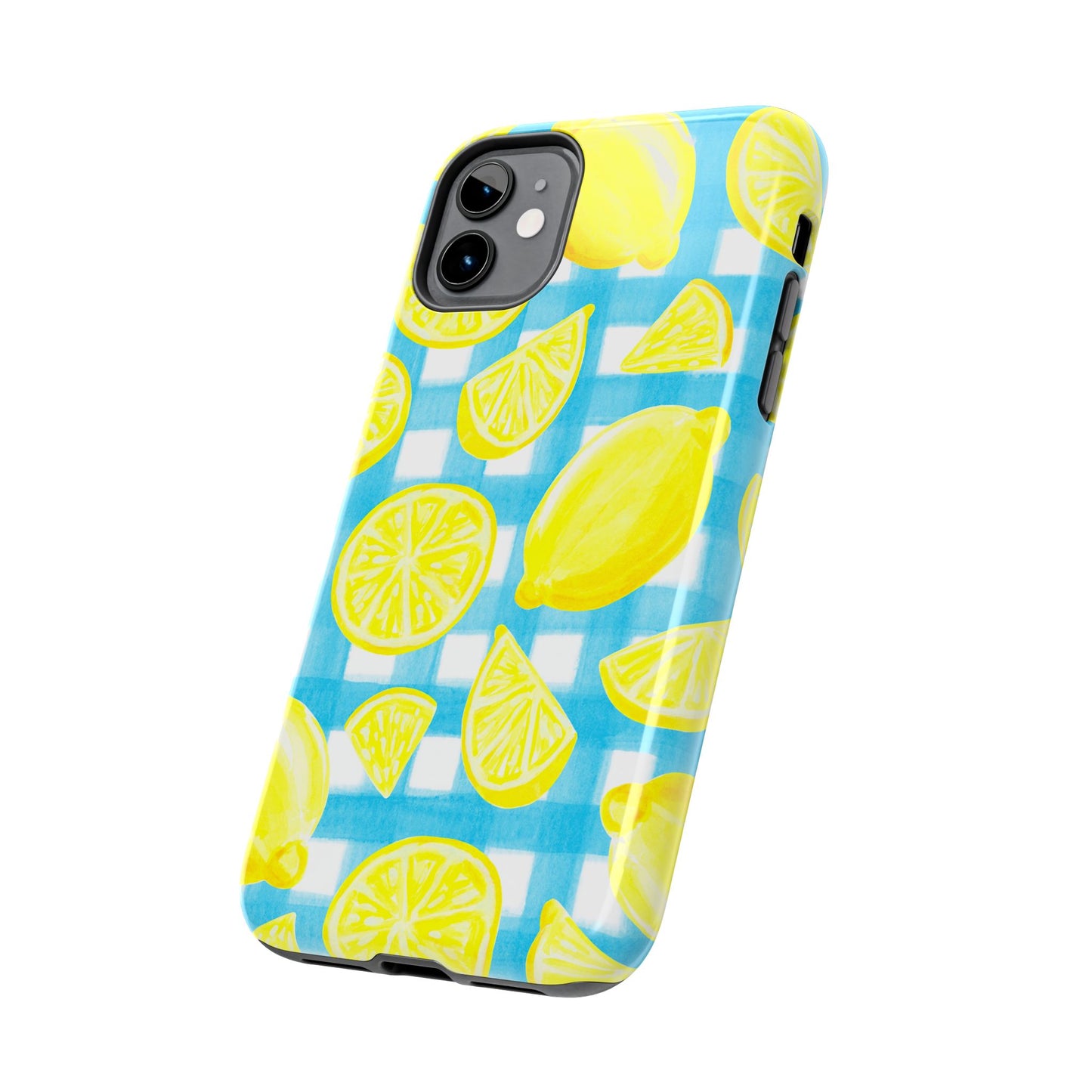 Yellow Lemons & Turquoise Gingham Watercolor Illustrated Tough Phone Case | Various Models Available