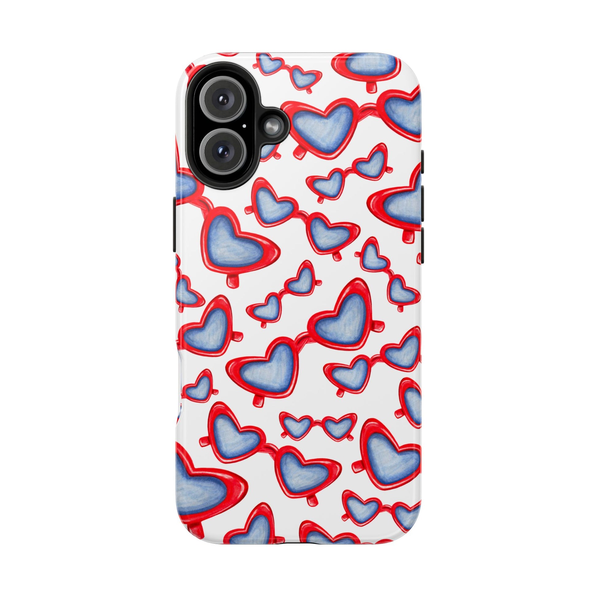 Red, White, & Blue Heart Shaped Watercolor Sunglasses Tossed Pattern Tough Phone Cases iPhone 16 Plus