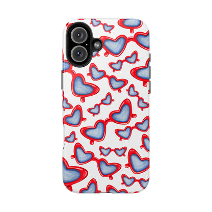 Red, White, & Blue Heart Shaped Watercolor Sunglasses Tossed Pattern Tough Phone Cases iPhone 16 Plus
