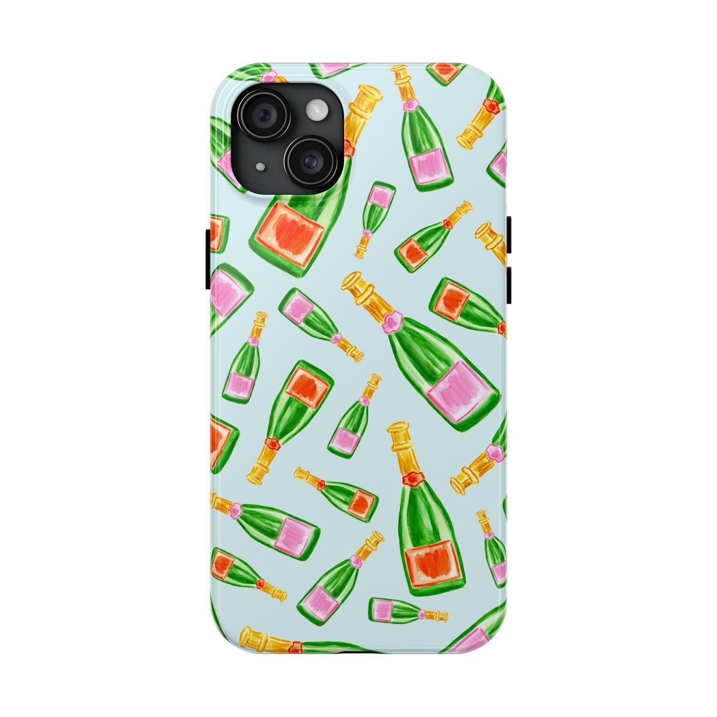 Tossed Pink and Green & Orange and Green Watercolor Illustrated Champagne Bottles Pattern Light Blue Tough Phone Case | Various Models
