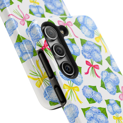 Blue Watercolor Hydrangea Bunches with Hot Pink, Yellow, Light Pink Bows Illustrated Patterned Tough Phone Case | Various Models