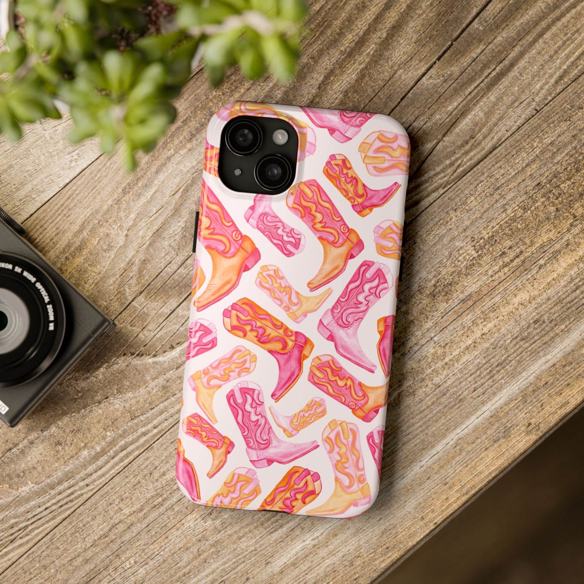 Tossed Hot Pink & Orange Watercolor Cowboy Boots Tough Light Pink Phone Case | Various Models Available