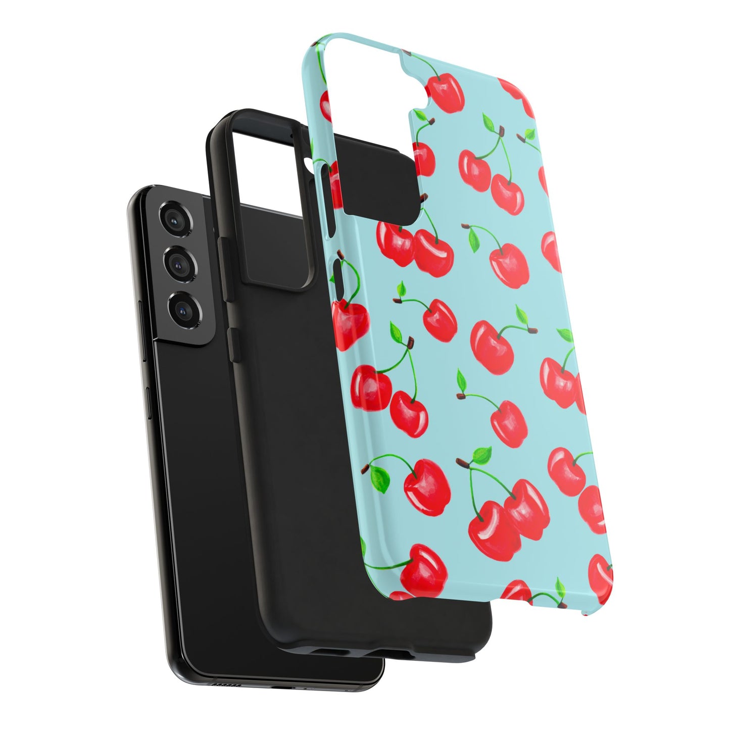Tossed Red Watercolor Cherries Illustrated Pattern Bright Blue Tough Phone Case | Various Models
