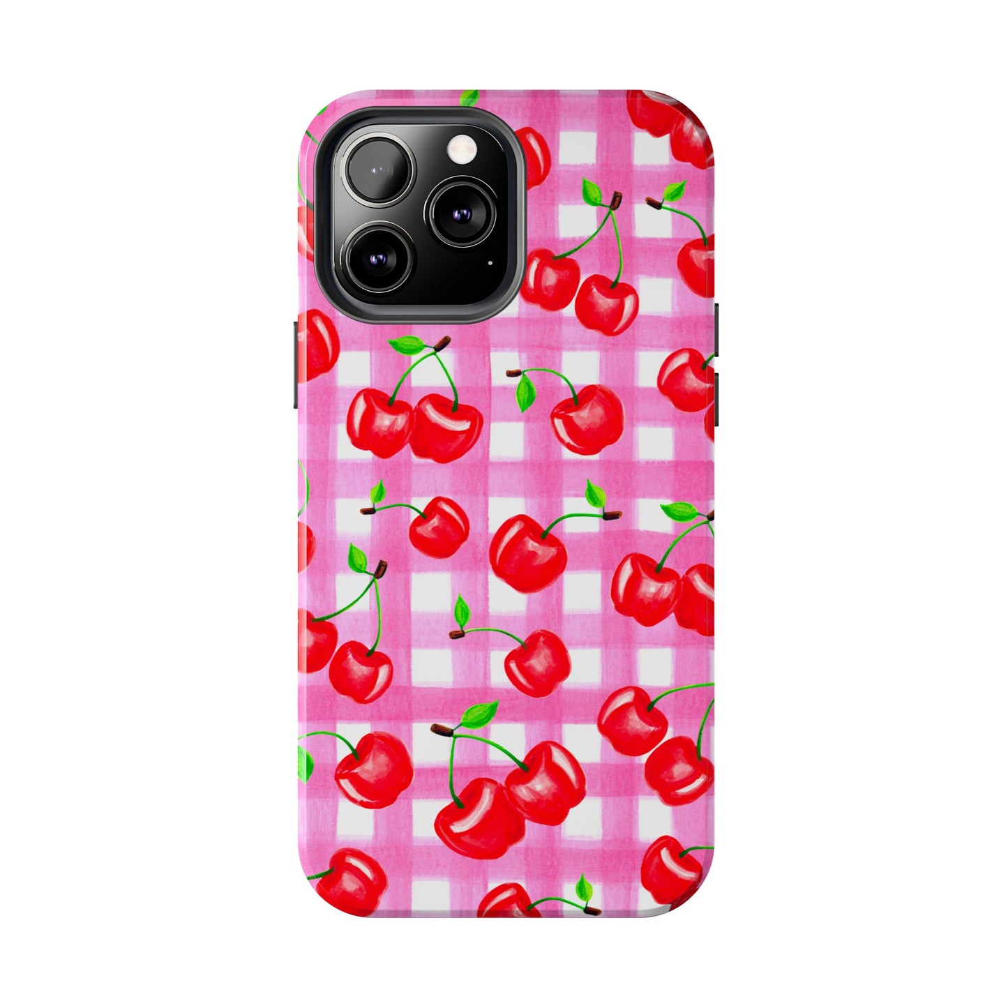 Tossed Red Watercolor Cherries Illustrated Pattern Light Pink Gingham Tough Phone Case | Various Models