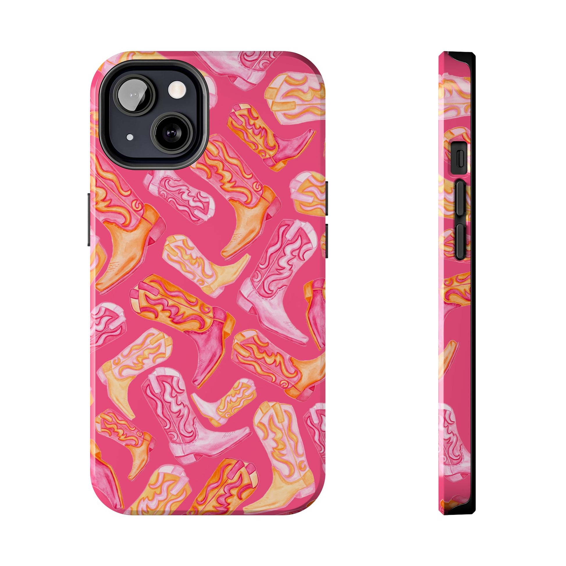 Tossed Hot Pink & Orange Watercolor Cowboy Boots Hot Pink Tough Phone Cases | Various Models iPhone 13