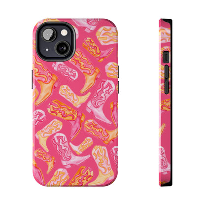 Tossed Hot Pink & Orange Watercolor Cowboy Boots Hot Pink Tough Phone Cases | Various Models iPhone 13