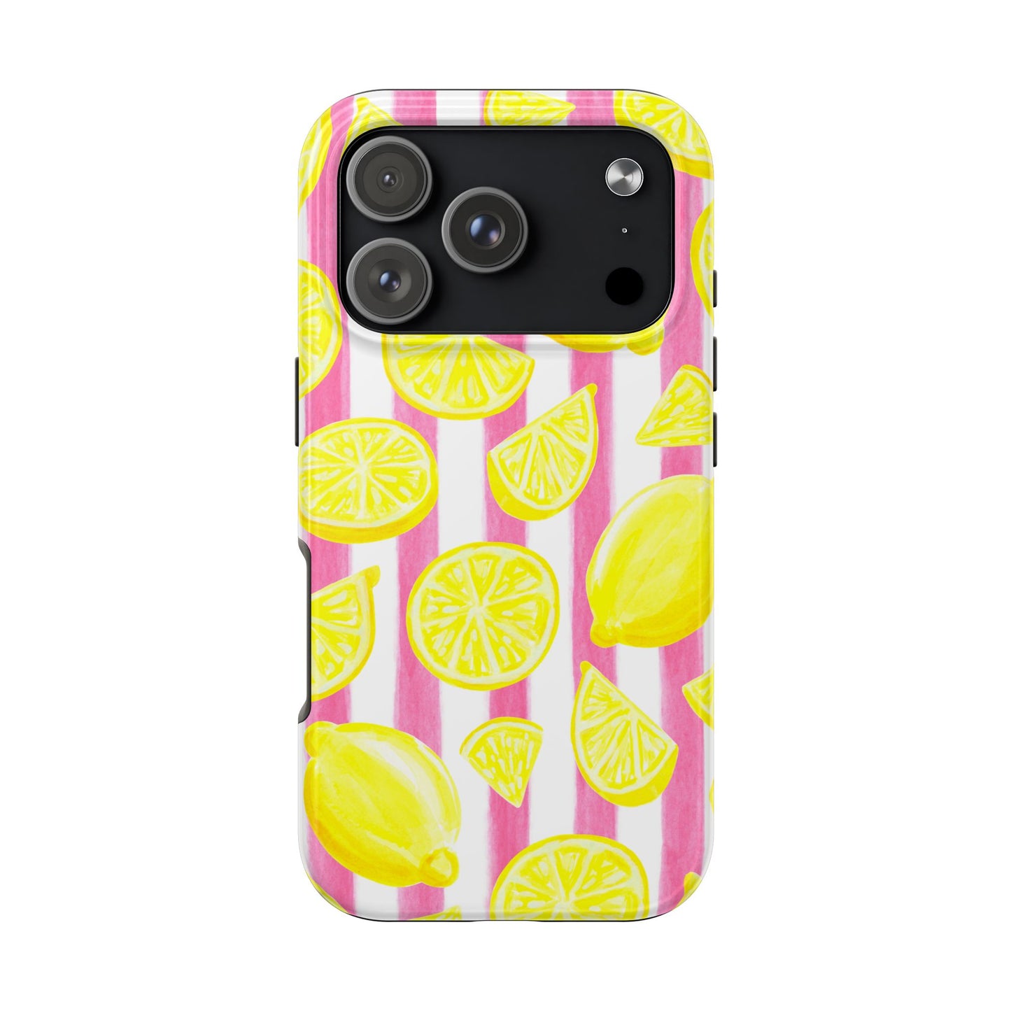 Pink Lemonade Yellow Lemons with Pink & White Watercolor Stripes Tough Phone Case