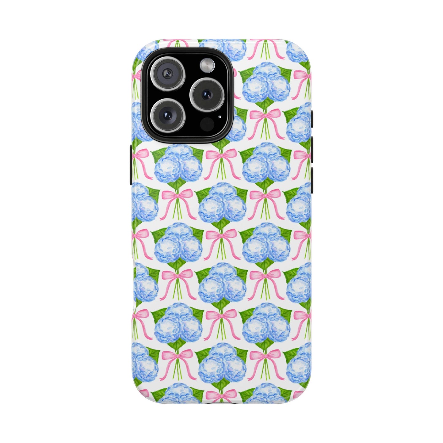 Blue Watercolor Hydrangea Bouqets with Light Pink Bows Watercolor Illustrated Patterned Tough Phone Case | Various Models