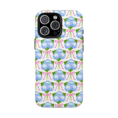 Blue Watercolor Hydrangea Bouqets with Light Pink Bows Watercolor Illustrated Patterned Tough Phone Case | Various Models