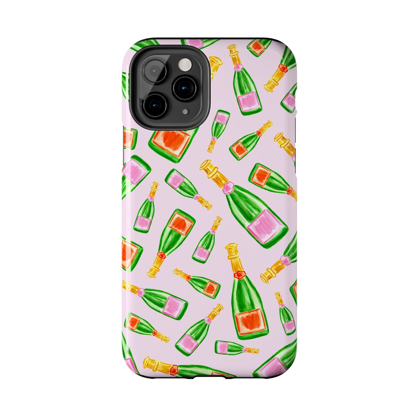 Tossed Pink and Green & Orange and Green Watercolor Illustrated Champagne Bottles Pattern Blush Pink Tough Phone Case | Various Models