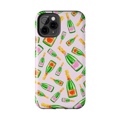 Tossed Pink and Green & Orange and Green Watercolor Illustrated Champagne Bottles Pattern Blush Pink Tough Phone Case | Various Models