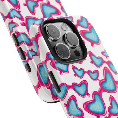 Pink & Blue Heart Shaped Sunglasses Watercolor Illustrated Tossed Pattern Tough Case | Various Models