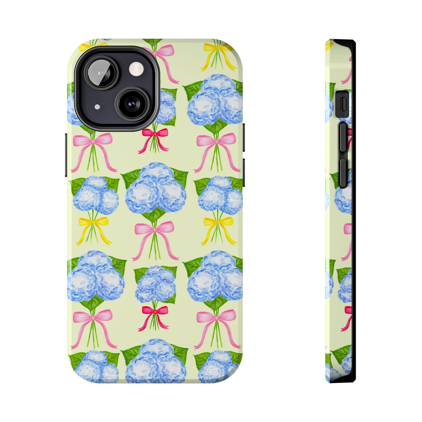 Blue Hydrangeas with Hot Pink, Yellow, Light Pink Bows Watercolor Illustrated Patterned Light Yellow Tough Phone Case | Various Models
