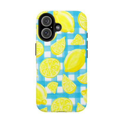 Yellow Lemons & Turquoise Gingham Watercolor Illustrated Tough Phone Case | Various Models Available